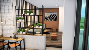 Un interior moderno con una mesa de comedor de madera, sillas, un sofá, una escalera con barandilla negra y plantas en macetas.