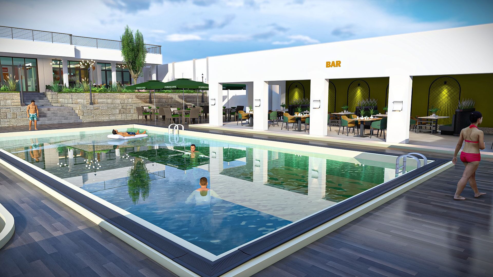 Piscina com área de bar, espaço para assentos ao ar livre e escada para um andar superior.