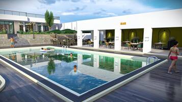 Piscina com área de bar, espaço para assentos ao ar livre e escada para um andar superior.