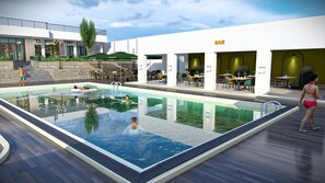 A swimming pool with a bar area, outdoor seating, and a staircase leading to an upper level. - Pacific Hotel (Kigali)
