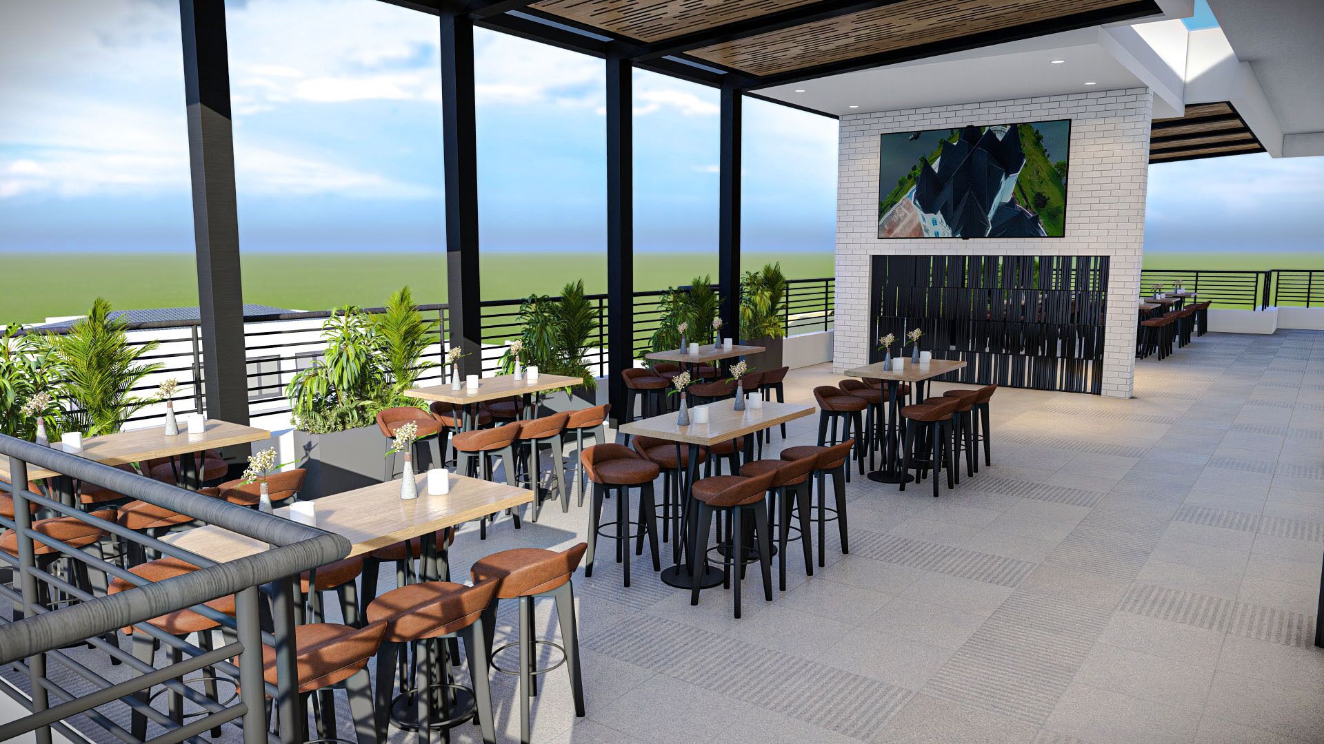 An outdoor dining area with tables and chairs, a view of the sea, and a modern architectural design.