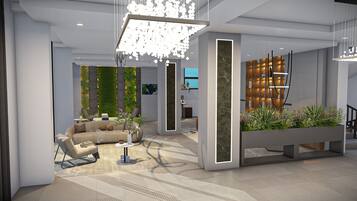 A modern interior with a seating area, a large planter with plants, and a bookshelf.