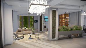 A modern interior with a seating area, a large planter with plants, and a bookshelf. - Pacific Hotel (Kigali)