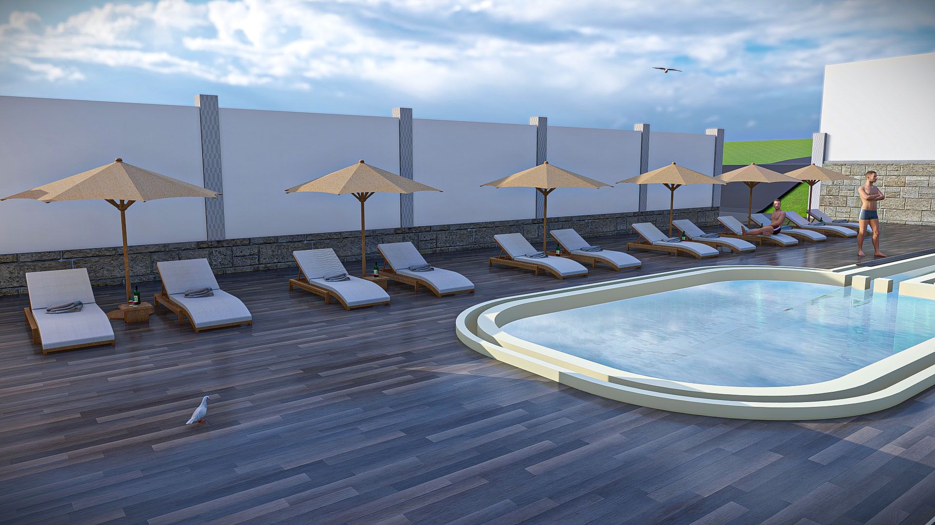 A poolside area with lounge chairs and umbrellas, a clear sky, and a bird in flight.