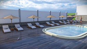 A poolside area with lounge chairs and umbrellas, a clear sky, and a bird in flight. - Pacific Hotel (Kigali)