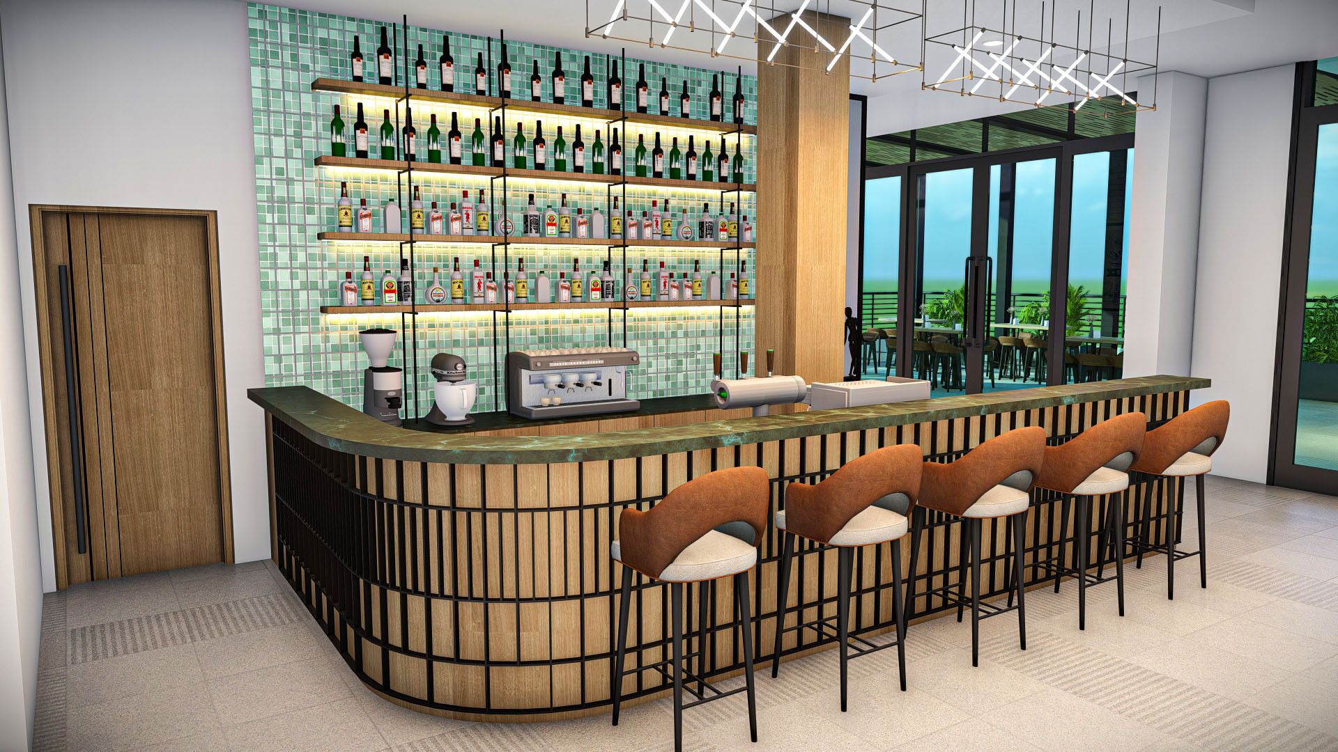 A bar area with a curved counter, multiple shelves of bottles, and a view through large windows.