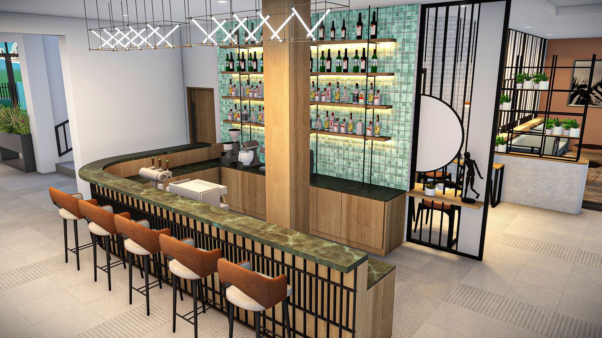 A bar area with a curved counter, stools, and shelves stocked with bottles.