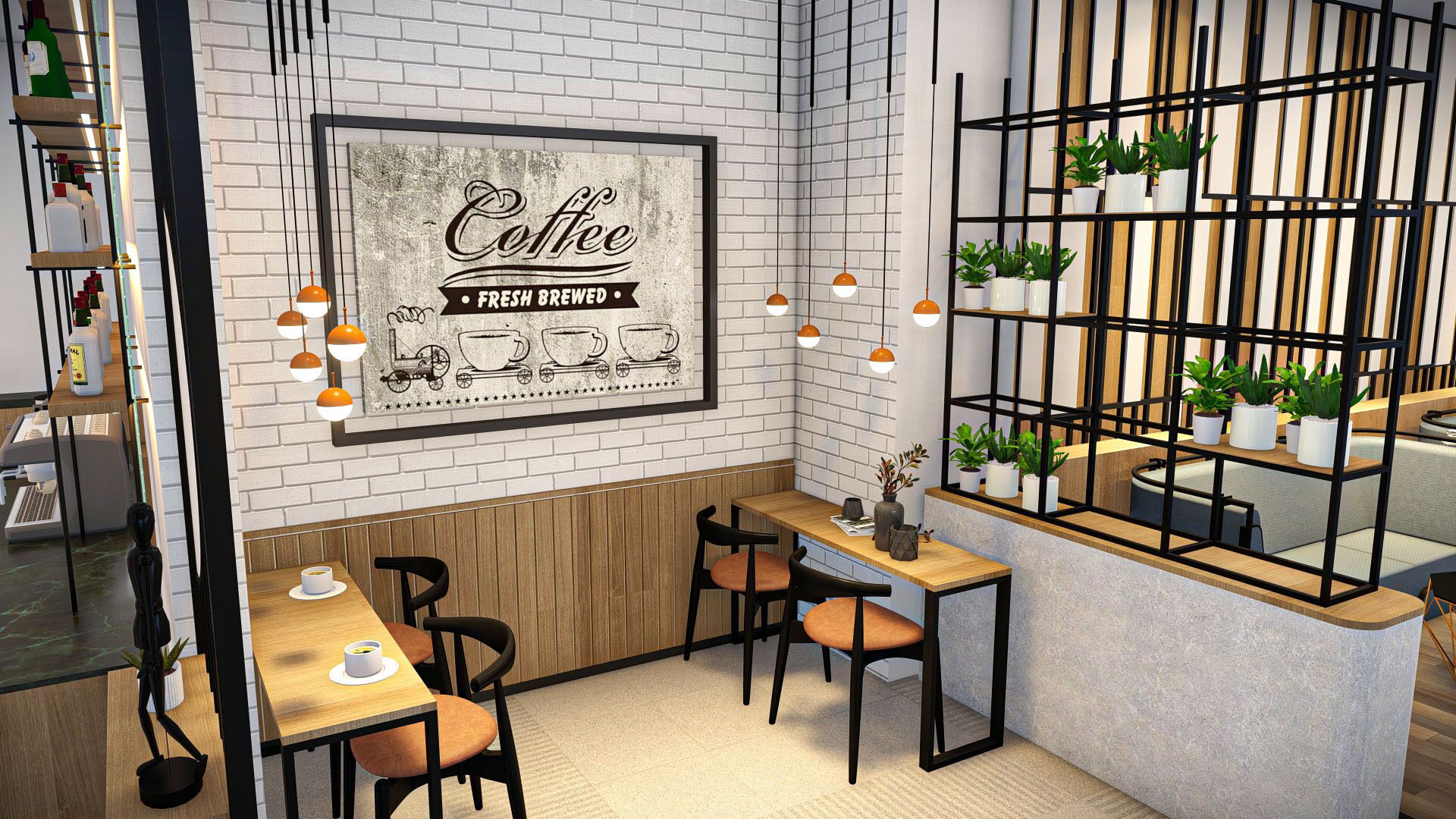 A cafe interior with brick walls, a framed coffee sign, wooden tables, chairs, hanging pendant lights, and a plant display.