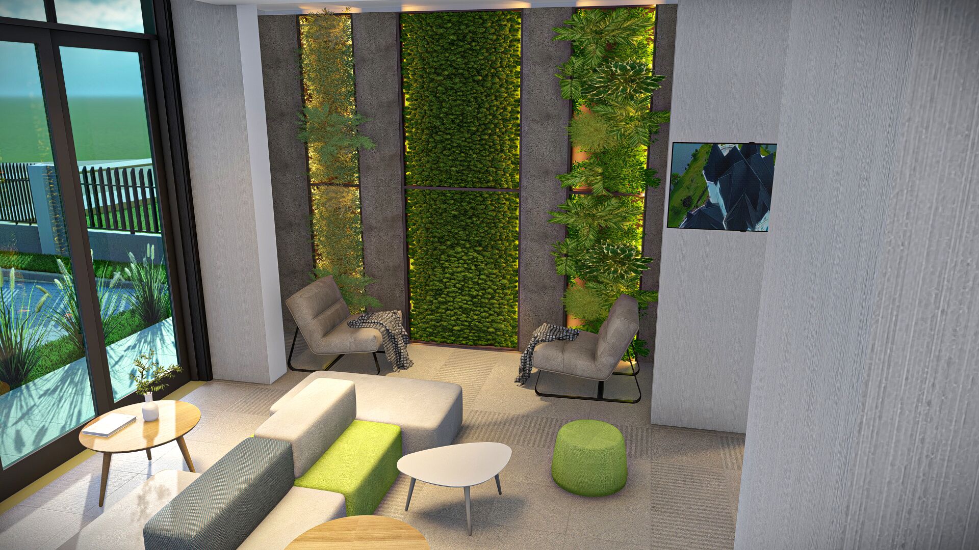 A modern lounge area with seating, a green vertical garden, and a view through large windows.