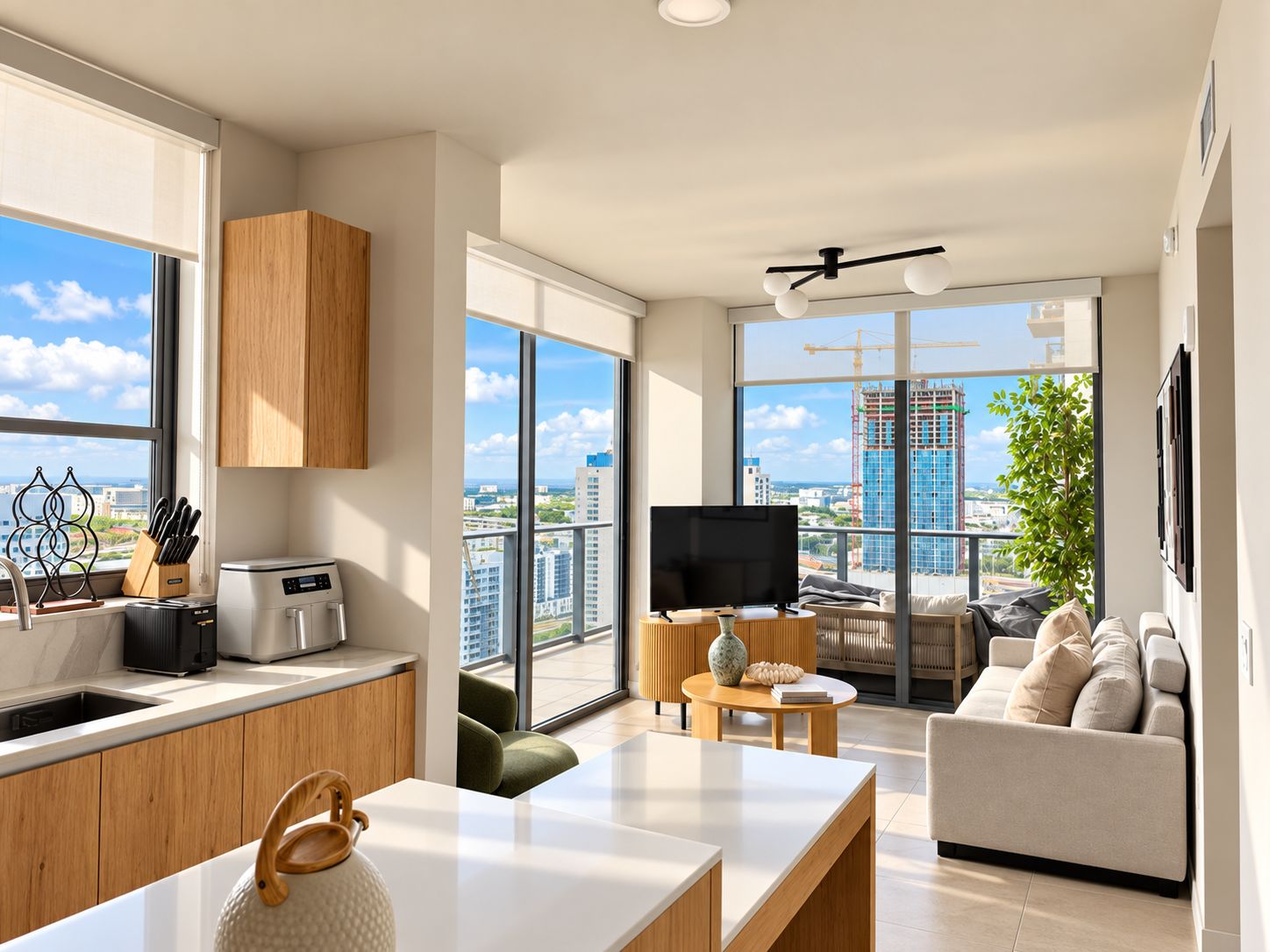 Un appartamento moderno con cucina, zona pranzo e soggiorno, caratterizzato da ampie finestre e vista sulla città.