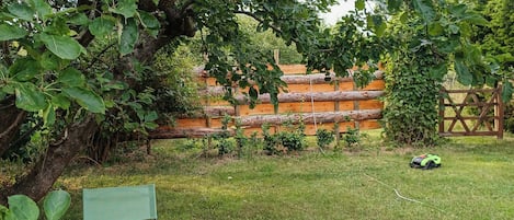 Un espace extérieur verdoyant avec un banc, une clôture en bois et un arbre.