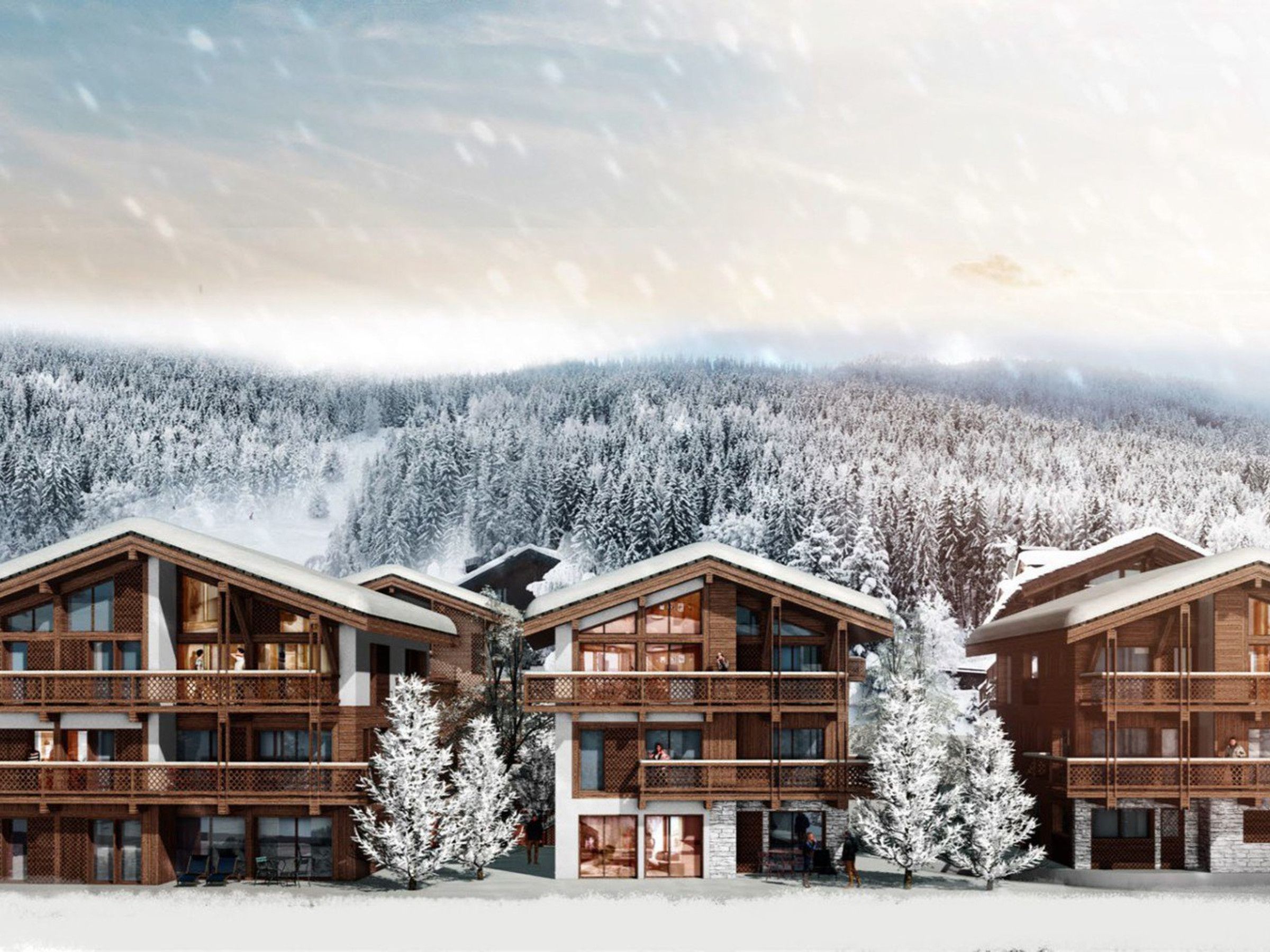 Una cabaña de madera moderna con varios balcones y grandes ventanales, rodeada de un bosque nevado.