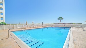 Une piscine à l’eau d’un bleu limpide, entourée d’une clôture blanche, avec un palmier en arrière-plan.