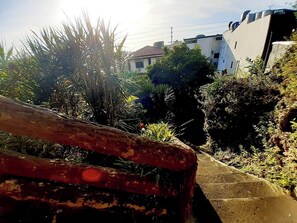 Una escalera rodeada de vegetación exuberante y edificios al fondo.