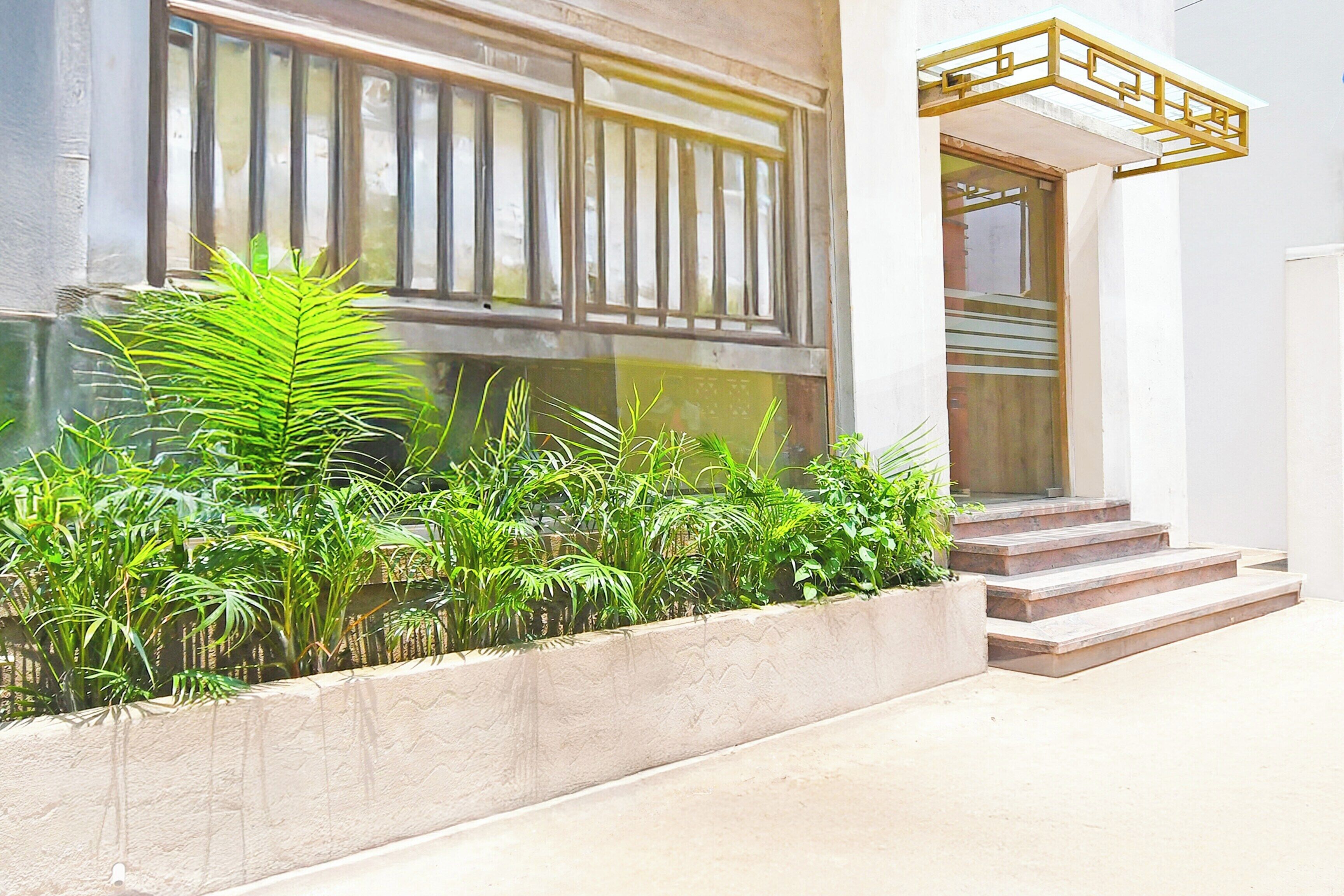 A building entrance with a concrete planter with green plants, a set of stairs leading up to a door, and a window with vertical blinds.