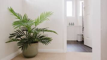 A hallway with a potted plant, a white door, and a glimpse of a bathroom with toiletries.