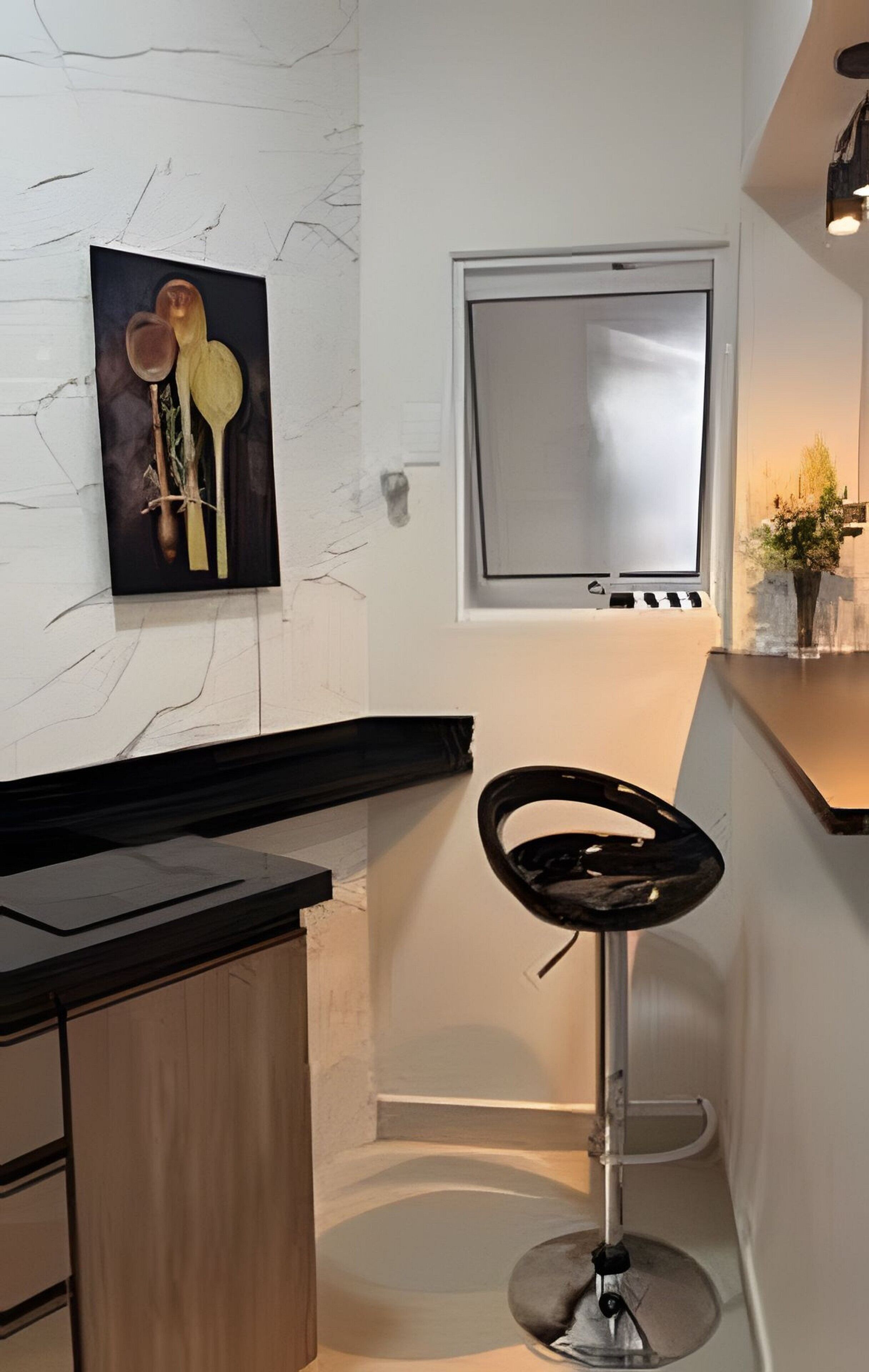 Uma cozinha moderna com painel de parede em mármore, bancada preta e um espaço de bar com um banquinho.