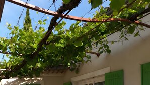 Uma área de estar coberta ao ar livre com mesa e cadeiras, um vaso de flores e persianas verdes nas paredes.