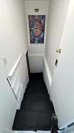 A narrow stairway with white walls and a black carpet. - Cozy European Studio Walk to Caesars Free Parking (Windsor)