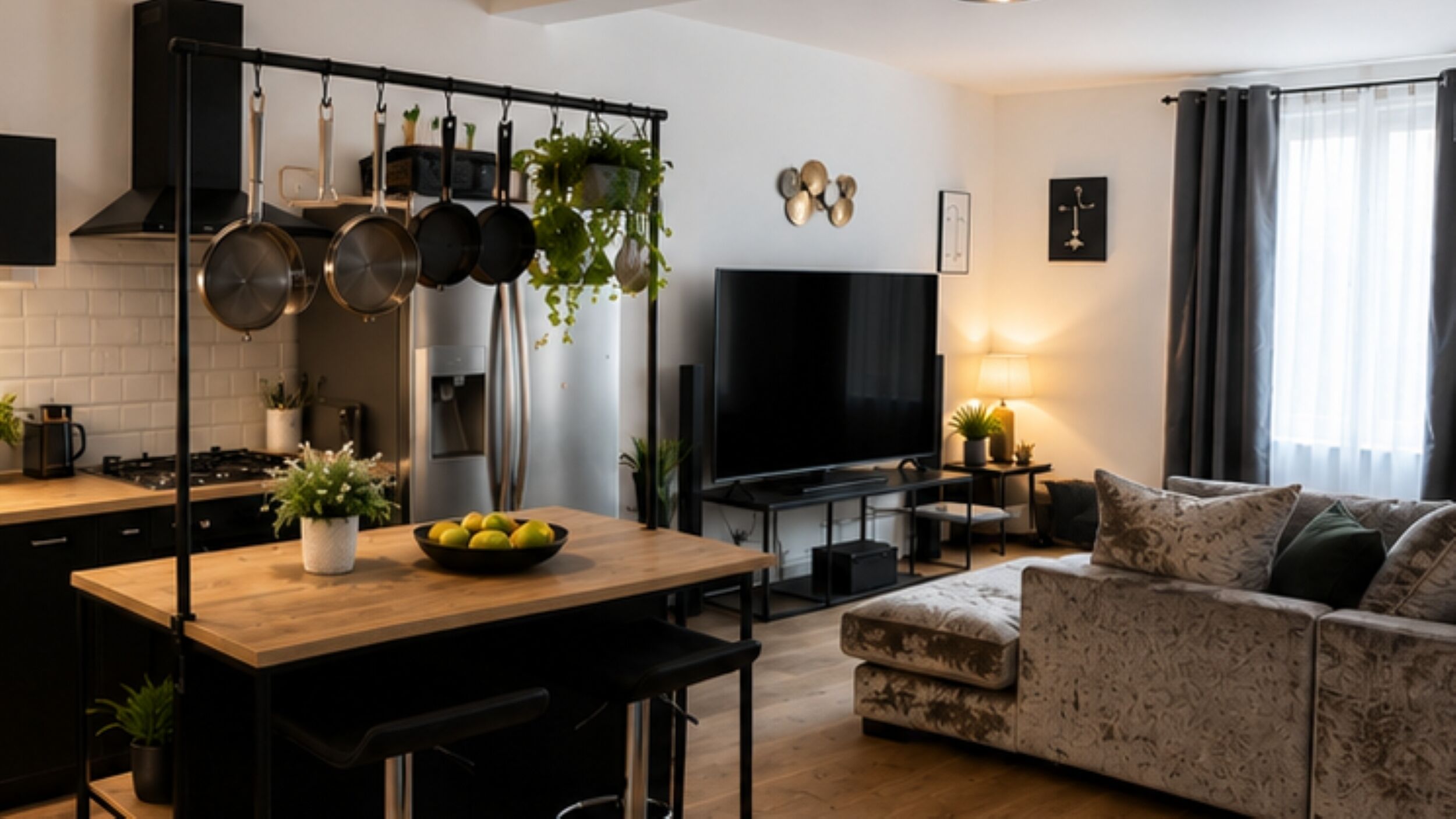 Una cocina moderna con una isla central, un área de comedor con sofá y un televisor de pantalla plana.