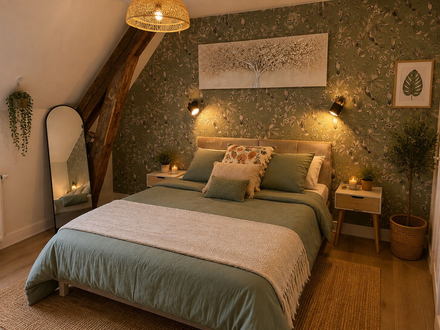 A bedroom with a bed, nightstands, a mirror, and a wall with a floral pattern.