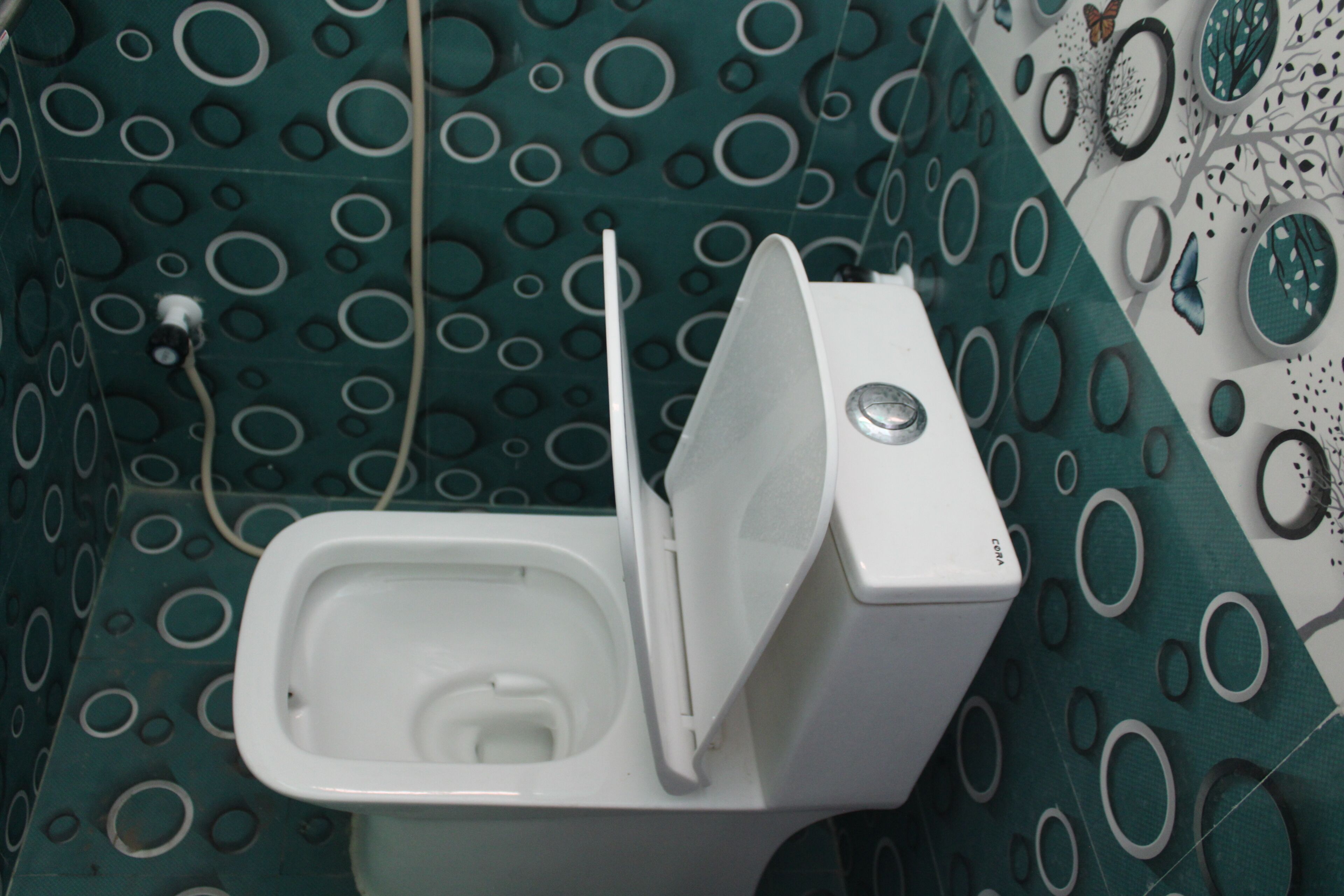 A toilet with a lid open, a bidet attachment, and a wall with circular patterns.