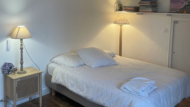 A bedroom with a bed, a nightstand with a lamp, a ceiling fan, and a shelf with books and a painting.
