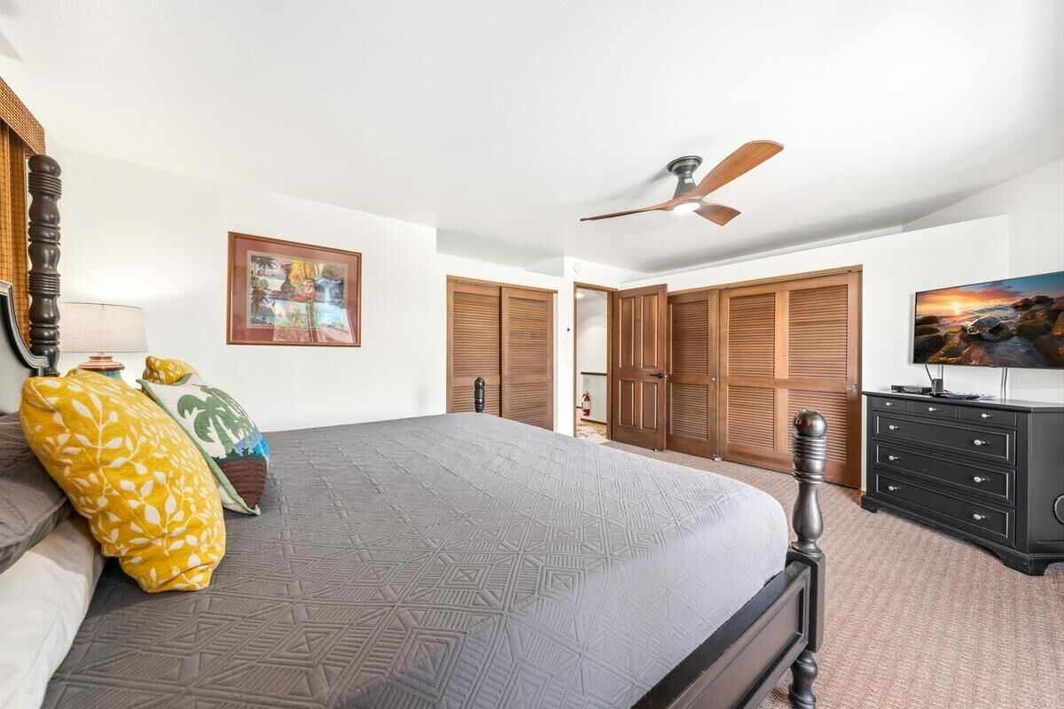 A bedroom with a bed, a ceiling fan, a TV, and a wardrobe.