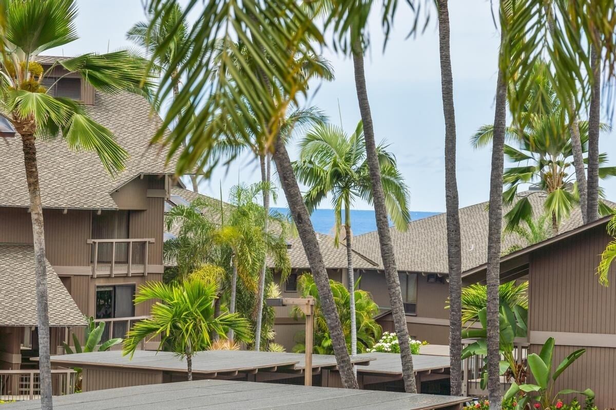 A resort with multiple-story buildings, palm trees, and a view of the ocean.