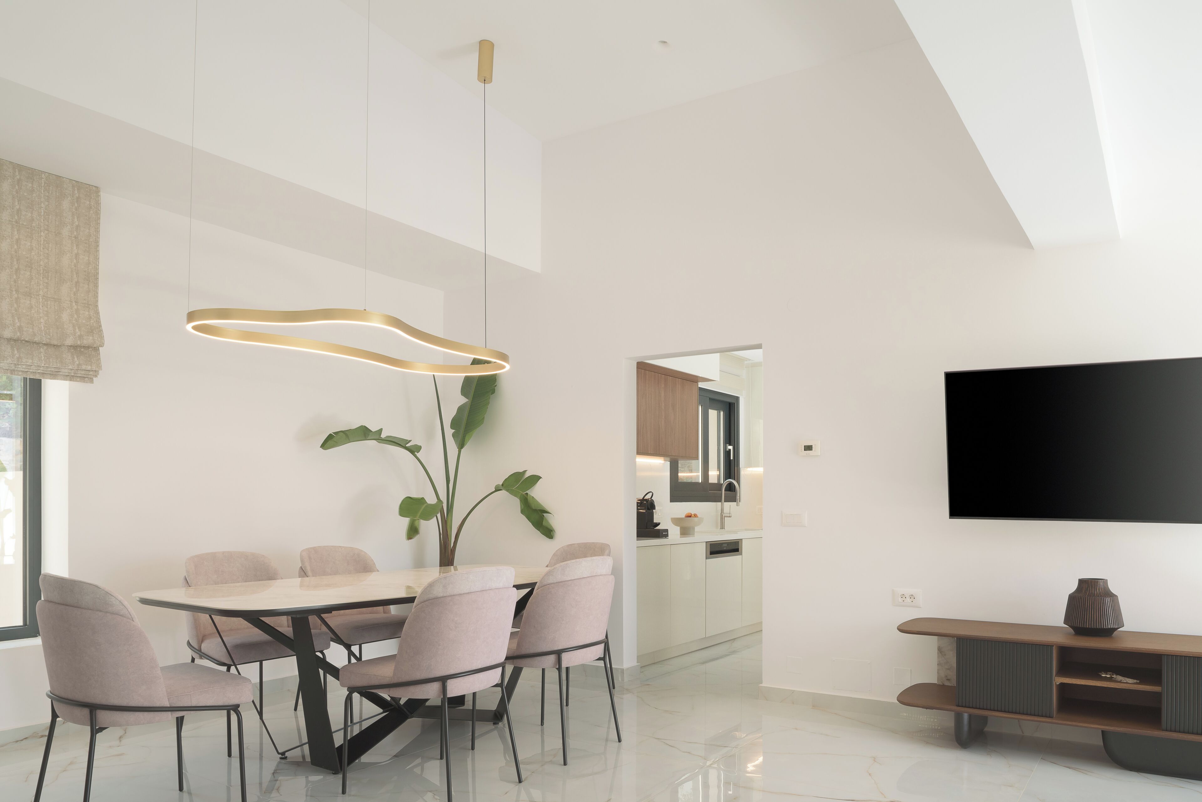 Un espace repas moderne avec une table et des chaises, un luminaire suspendu, une plante en pot et un téléviseur fixé au mur.