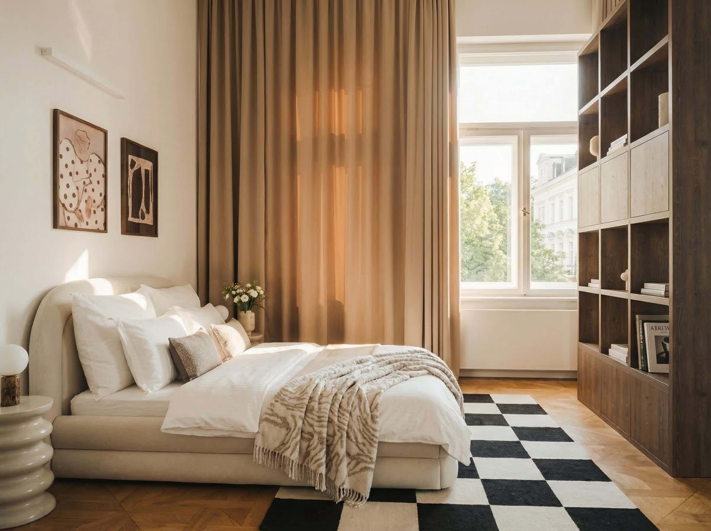 Un dormitorio con cama, piso de cuadros, estantería y ventana con cortinas.