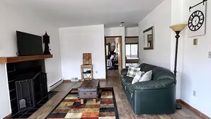 A living room with a fireplace, a green sofa, a patterned rug, and a television on a wooden shelf. - Vacation Home. 4 Minutes to Hunter Mountain! (Hunter)