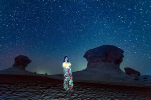 Una persona de pie en un desierto bajo un cielo estrellado.