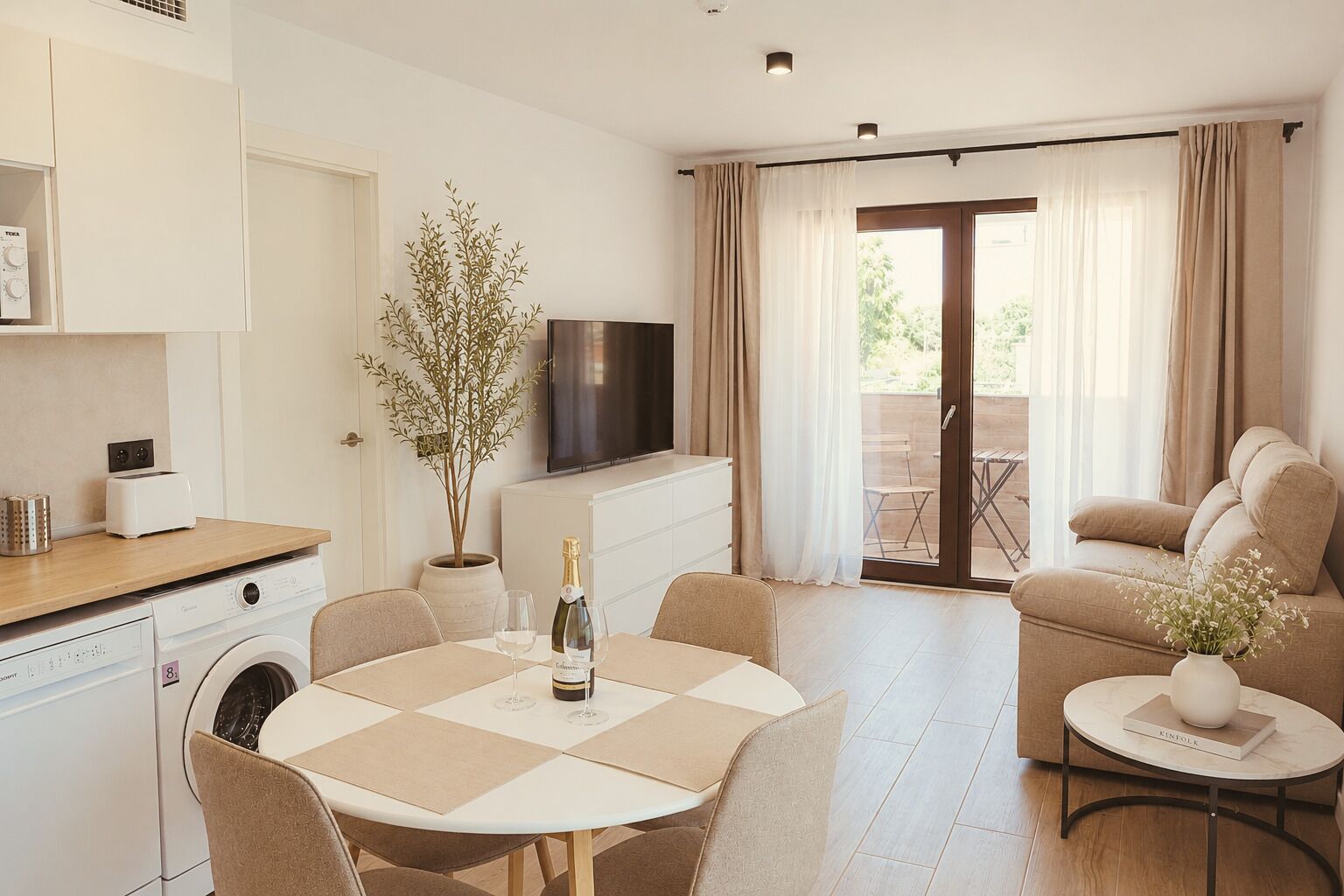 Una sala de estar moderna con un sofá, una mesa de comedor con sillas, un televisor y un balcón con cortinas.