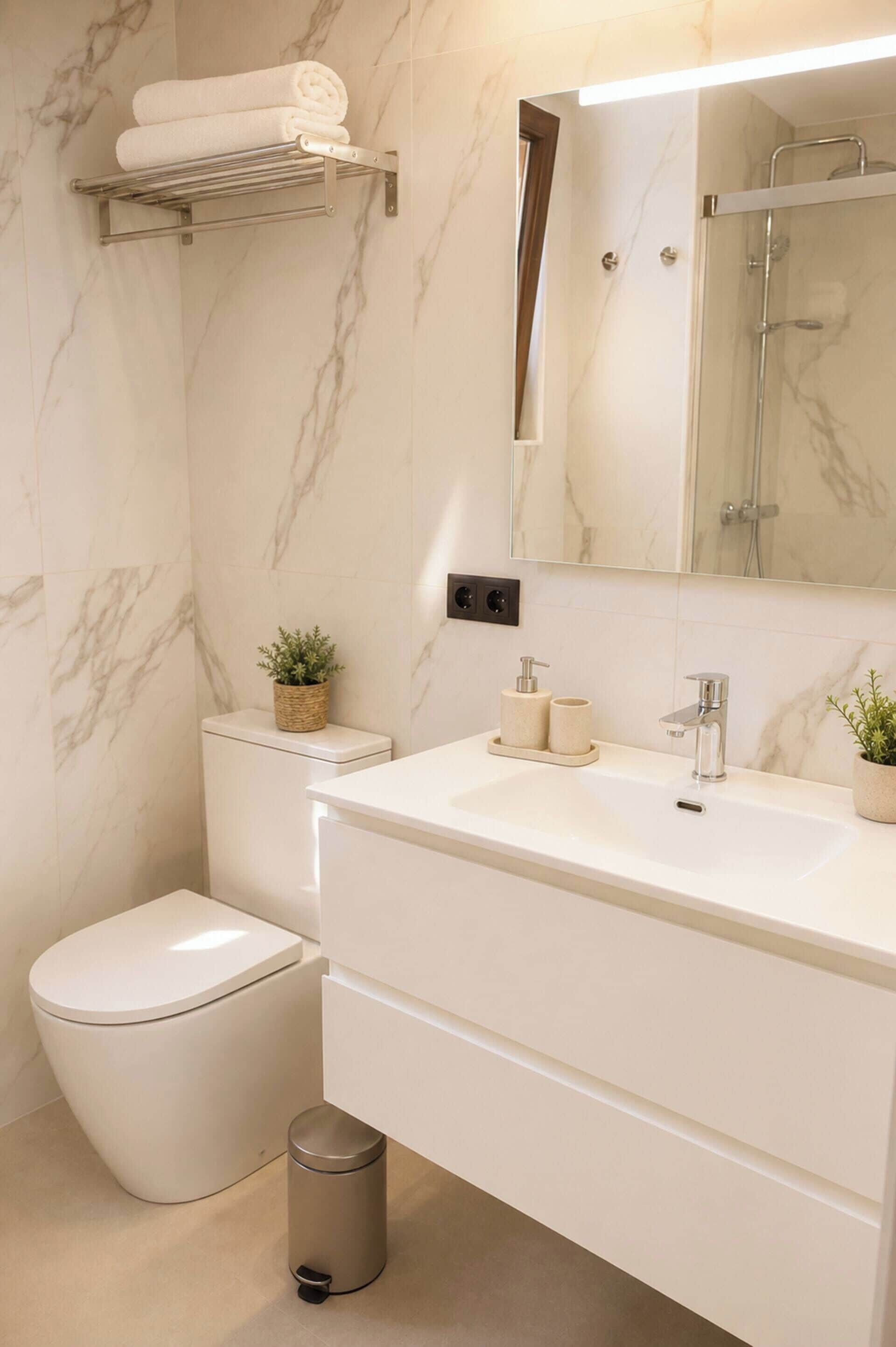 Un baño moderno con inodoro, lavamanos, espejo y toallero.