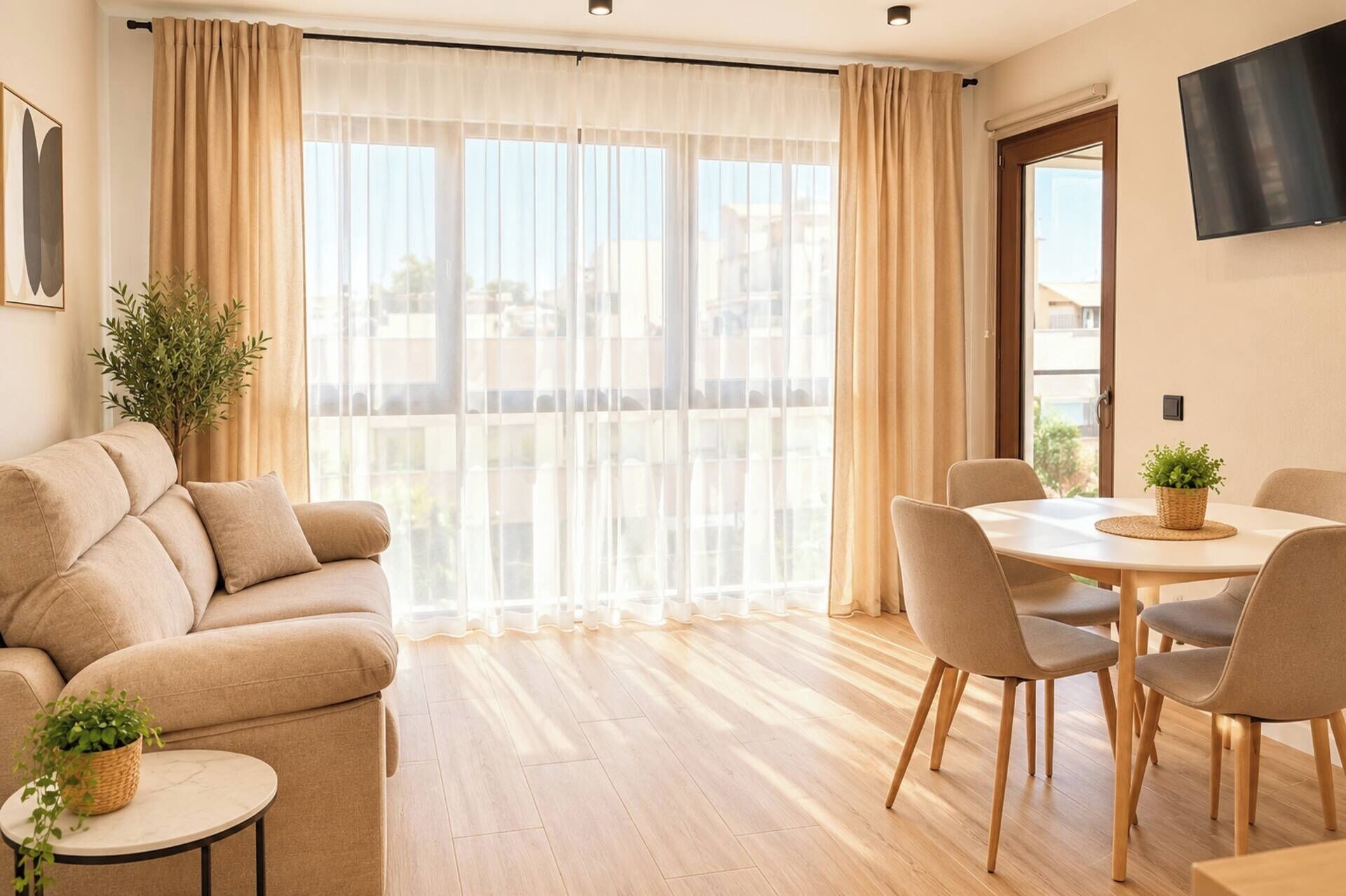 Una sala de estar moderna con un sofá, una mesa de comedor con sillas y un amplio ventanal con cortinas.