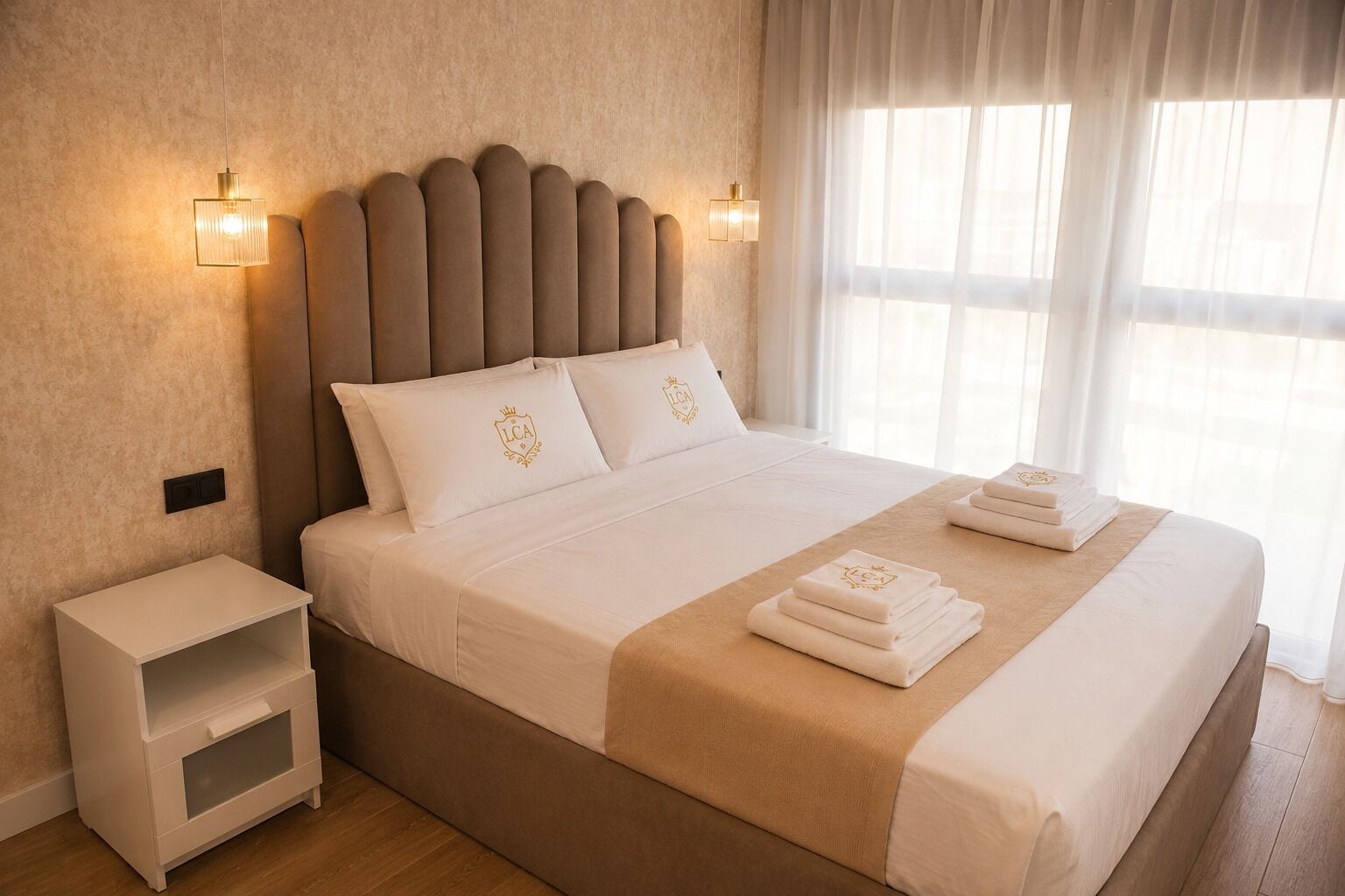 Una habitación de hotel con cama, mesitas de noche y una ventana con cortinas.