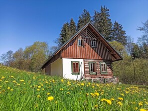 Eine Holzhütte mit geneigtem Dach, einer kleinen Veranda und einem Fenster mit Holzrahmen.