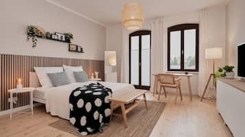 Ein modernes Schlafzimmer mit Bett, Nachttisch, Lampe und Blick ins Freie.