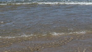 Een strand met golven en een zeilboot in de verte.