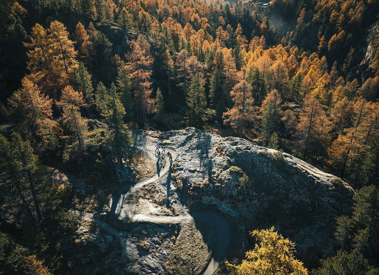 An aerial view of a mountainous area with a rocky path and dense forest.
