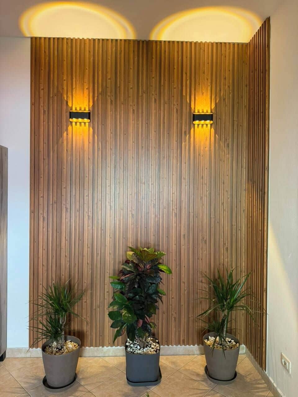 Une pièce avec un mur recouvert de panneaux de bois, deux plantes en pot et des luminaires fixés au mur.