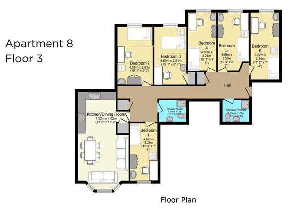 Grundriss von Apartment 8 im 3. Stock, mit Küche, Essbereich, drei Schlafzimmern, zwei Duschbädern und einer Diele.