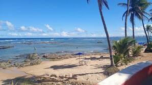 A beach with palm trees, a rocky shoreline, and a clear blue sky. - Charming 2-bedroom house with AC in vibrant Salvador (Salvador)