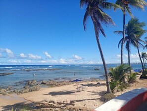 A beach with palm trees, a rocky shoreline, and a clear blue sky. - Charming 2-bedroom house with AC in vibrant Salvador (Salvador)