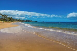 A beach with clear skies, palm trees, and a calm sea. - Maui Banyan H502 Renovated Partial Ocean View Condo Near Kamaole Beach II (Kihei)