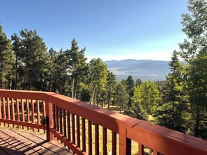 Eine Holzterrasse mit Blick auf einen Wald und ferne Berge.