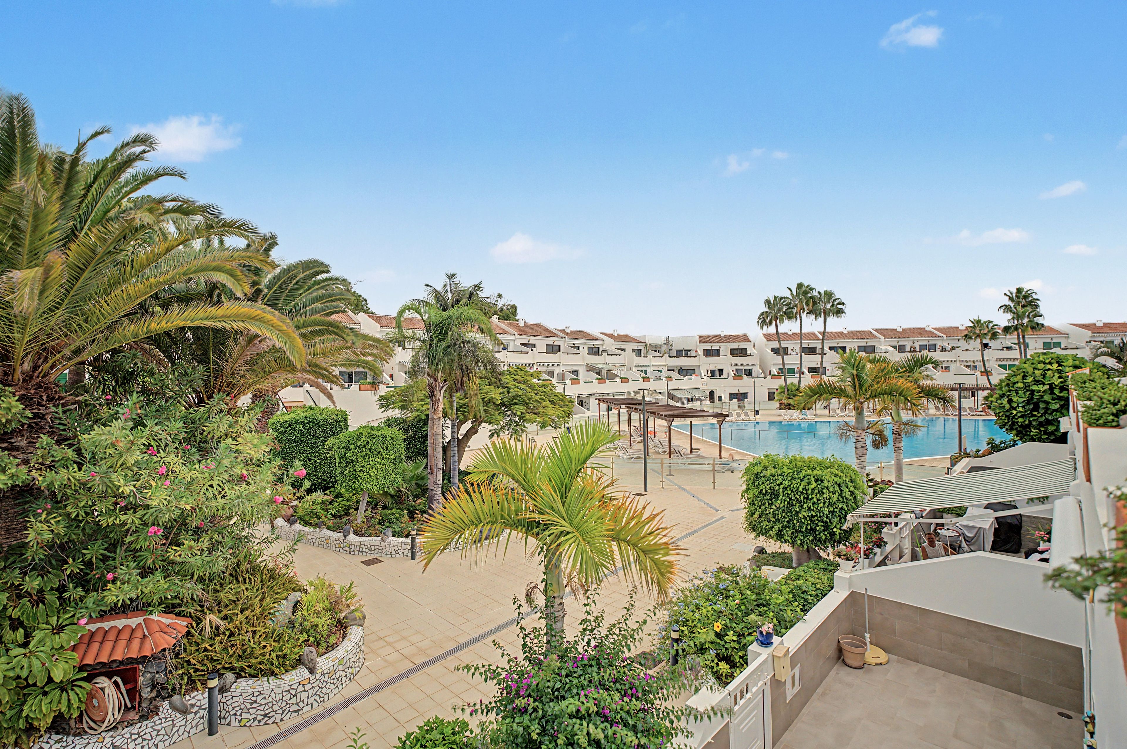 Ein Resort mit Swimmingpool, Palmen und einem gefliesten Weg.