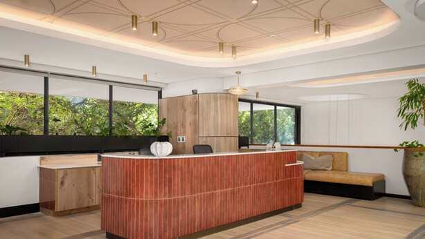 A modern reception area with a wooden reception desk, a sofa, and a large window with a view of greenery. - Charlie and the Chairman | Elegant Urban Stay (Cape Town)
