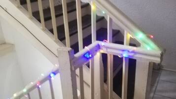 A wooden staircase with a handrail and a string of multicolored lights.